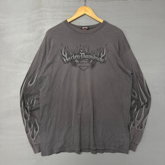 Vintage Harley Davidson Long Sleeve Flame Hit Grey Y2K Crazy Shirt Large - Picture 1 of 5
